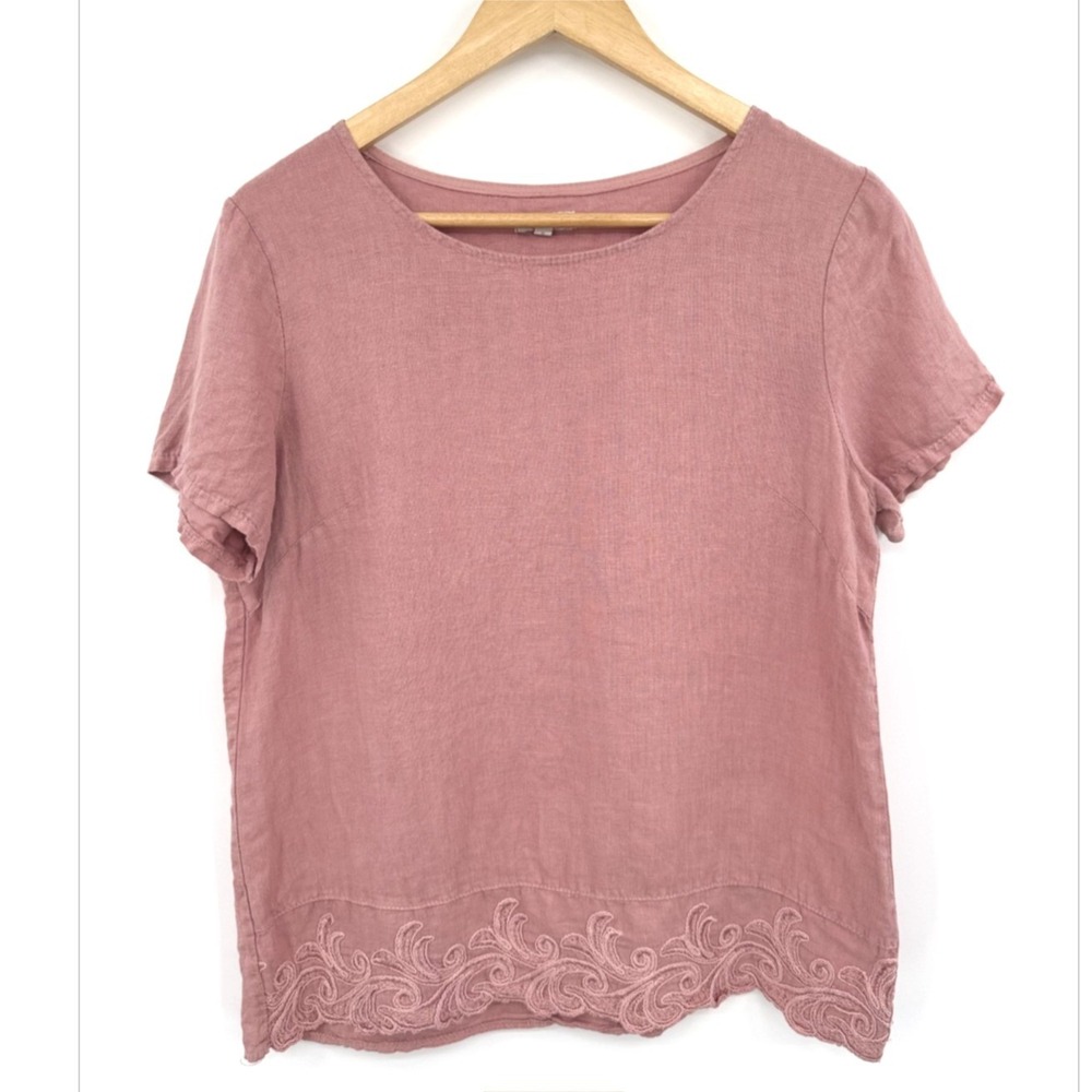 Lina Tomei Italy 100% Linen Top S Pink Embroidered Hem Short Sleeve Blouse